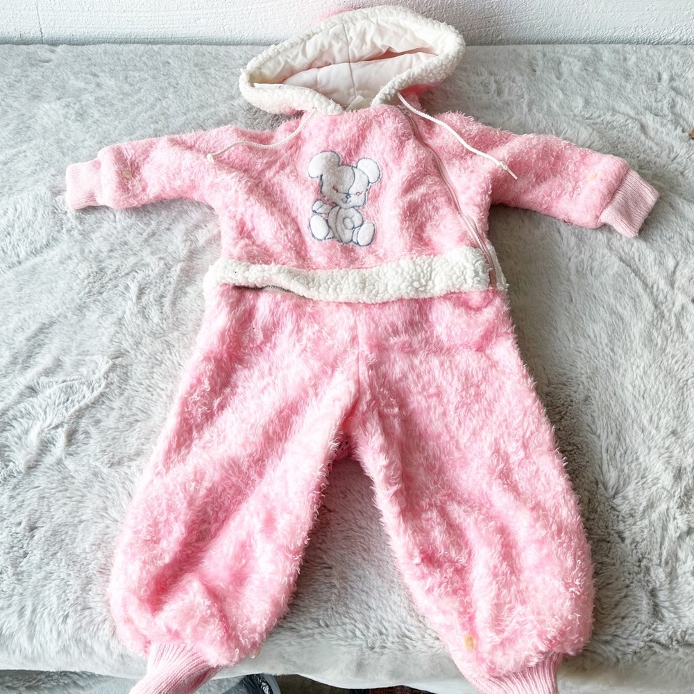 VINTAGE Pink Fuzzy Hooded Onesie with Teddy Bear